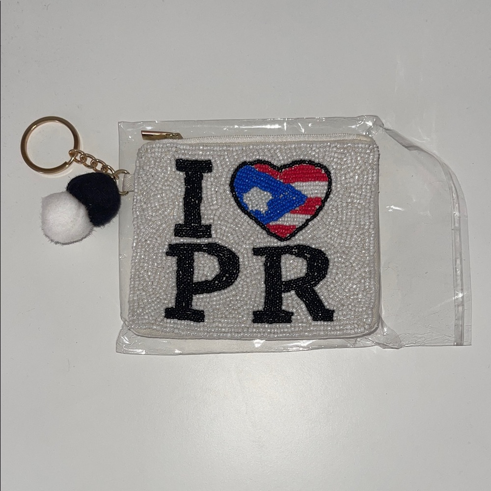 Beaded 'I Love PR' Mini Bag with Keychain new 5x6